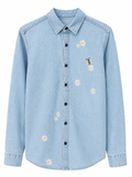 Floral Embroidered Light Blue Denim Shirt