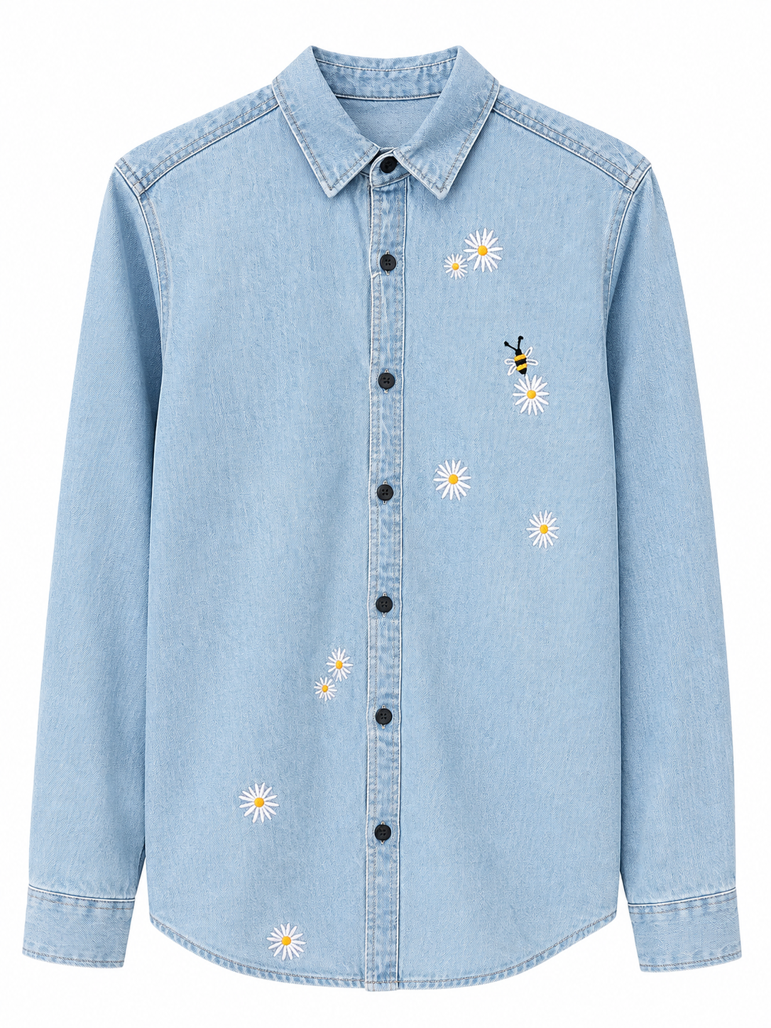 Floral Embroidered Light Blue Denim Shirt
