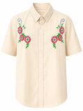 Beige & White Striped Floral Embroidery Shirt