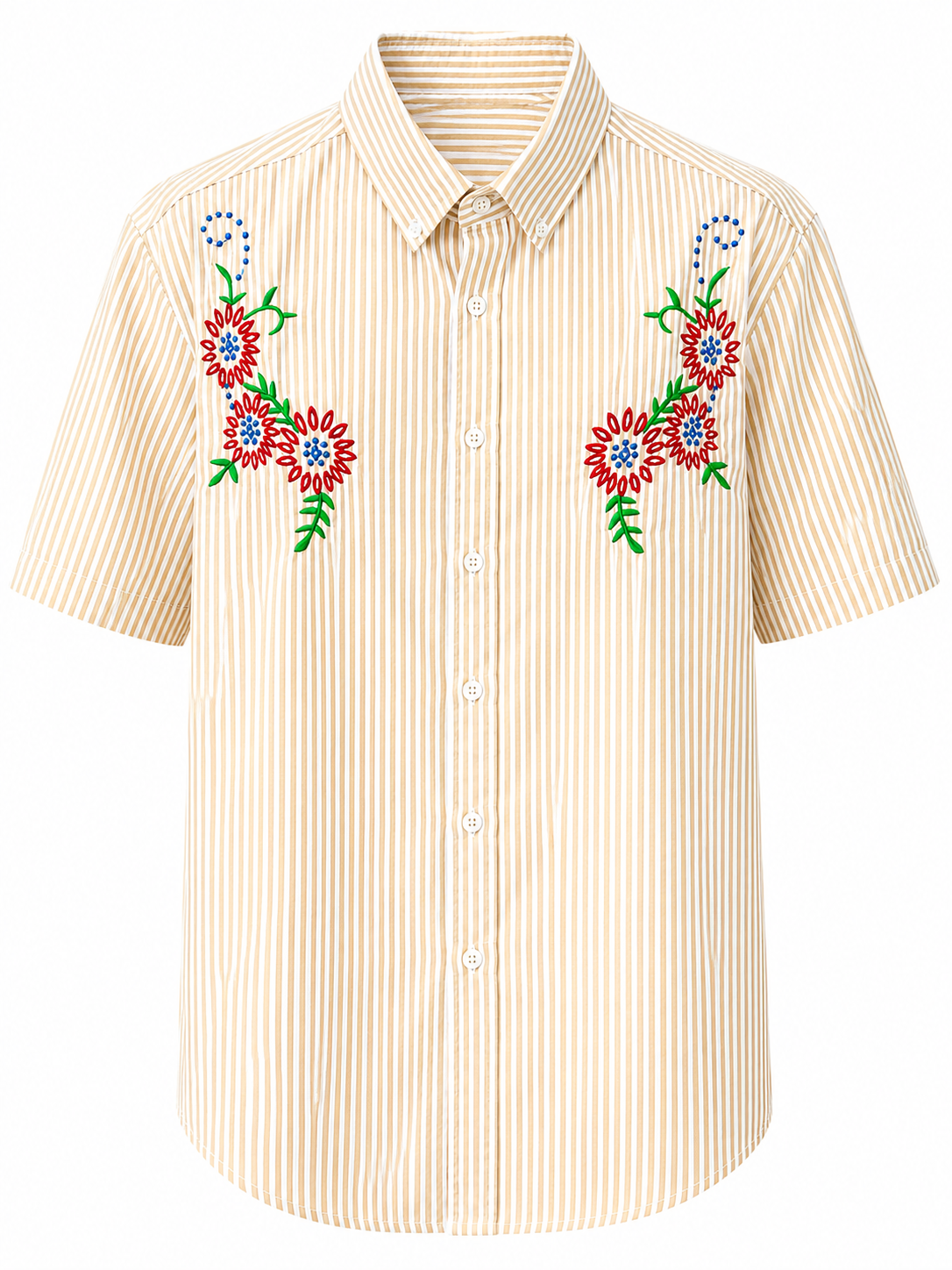 Beige & White Striped Floral Embroidery Shirt
