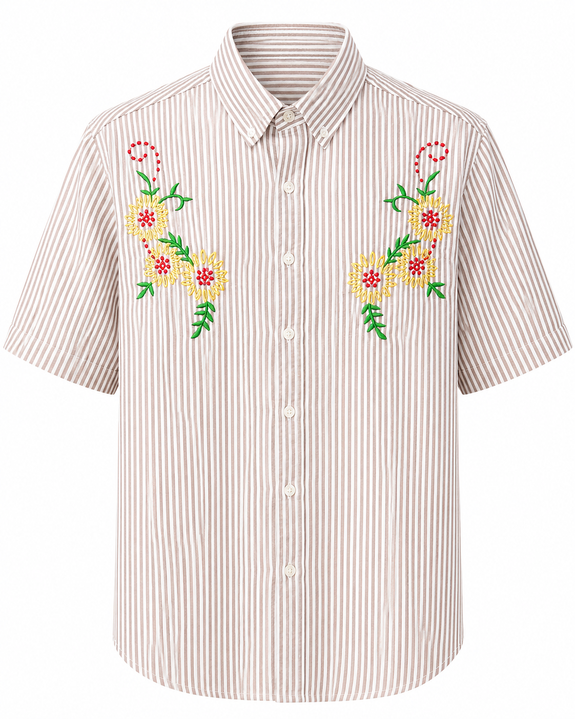Beige & White Striped Floral Embroidered Shirt