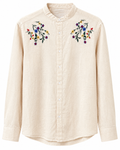 Cream Floral Embroidered Mandarin Collar Shirt