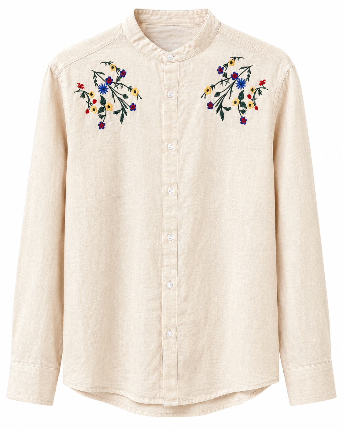 Cream Floral Embroidered Mandarin Collar Shirt