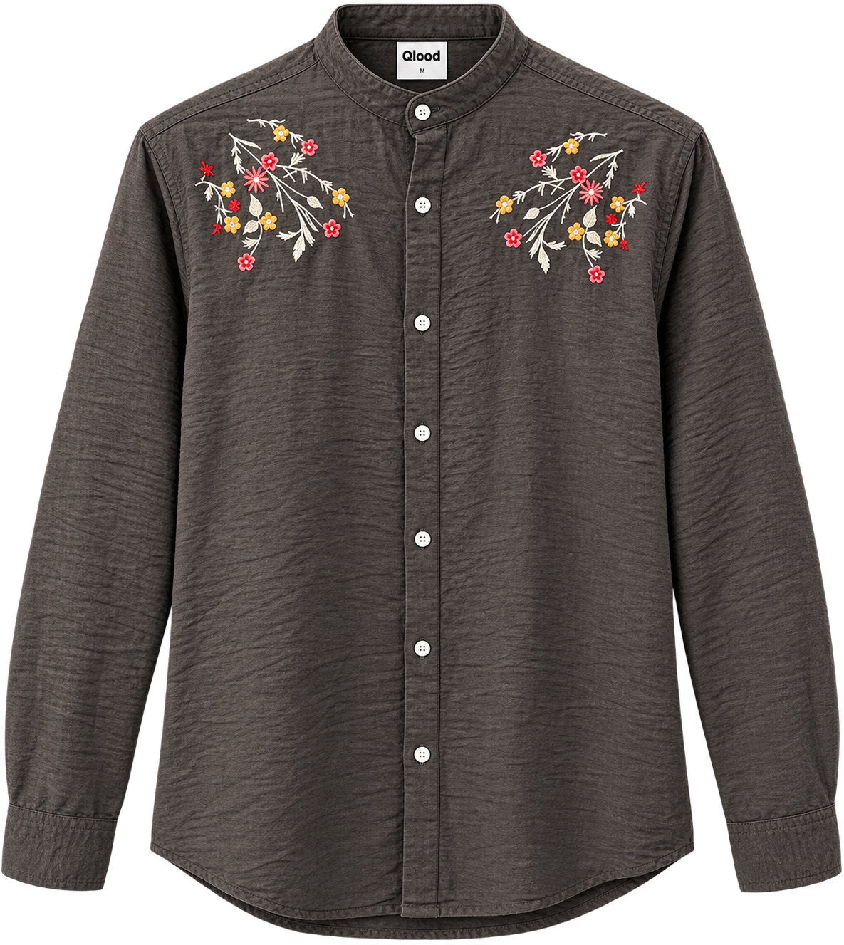 Charcoal Grey Floral Embroidered Mandarin Collar Shirt